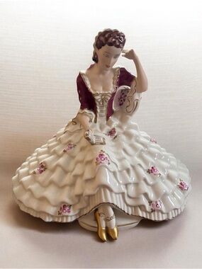 XL Porcelain Figurine Lady & Book in Ruffled White and Plum Dress Royal Dux